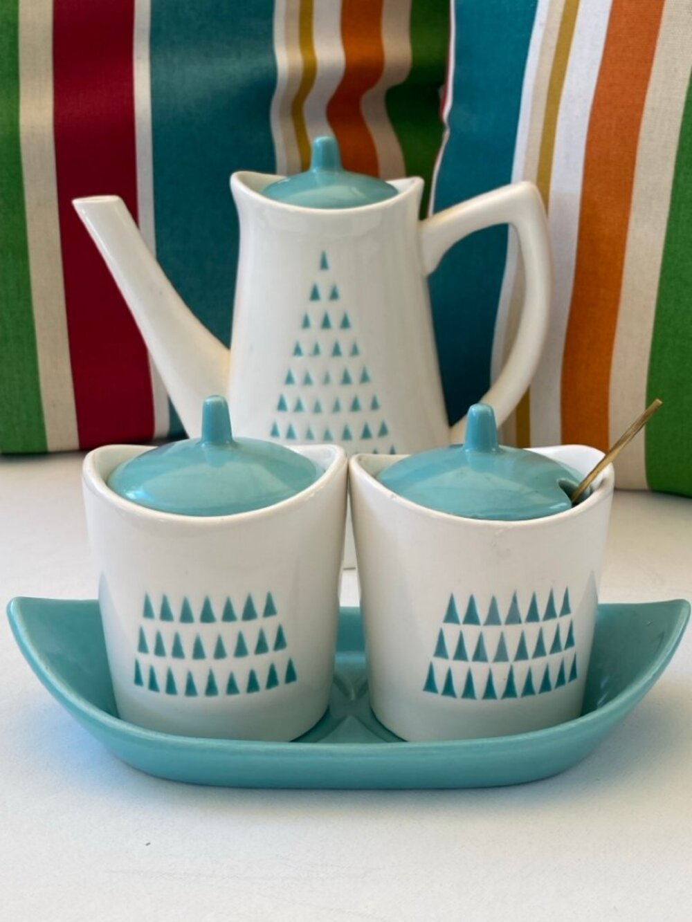 Vintage Fred Roberts Mid-Century Coffee Set Turquoise Triangle Japan